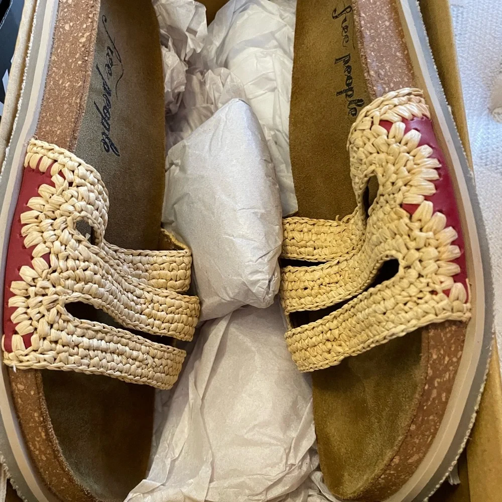 Free People Crete Cream Footbed Sandals with red accents